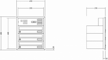 Leabox Briefkastenanlage Unterputz, Alu - Putzabdeckrahmen, waagerechte Kästen, Kastenformat 370x110x270mm, mit Klingel - und Lichttaster und Vorbereitung Gegensprechanlage, 3-teilig